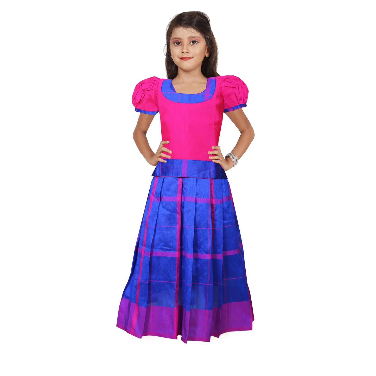 Hot pink and blue pattu pavadai