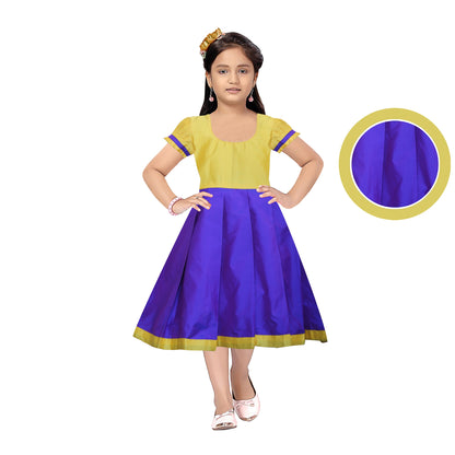 Yellow with blue Silk Long Frocks for Fashionable Kids