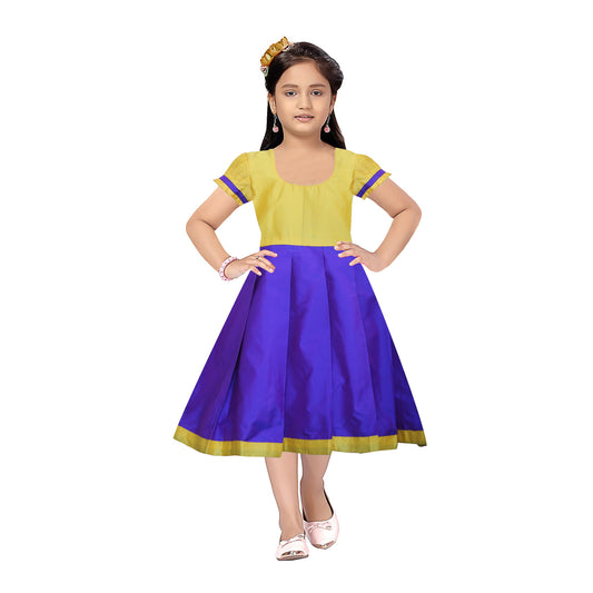 Yellow with blue Silk Long Frocks for Fashionable Kids