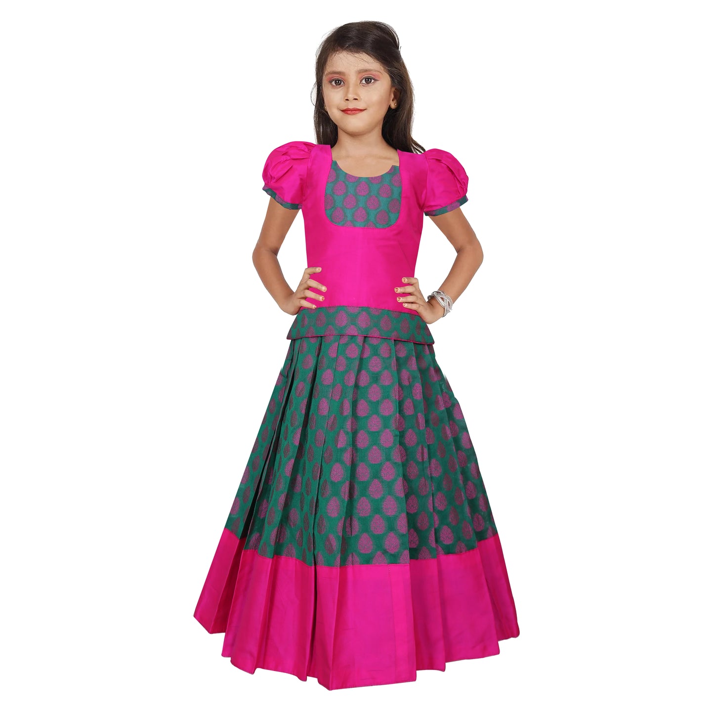 Hot pink and Green Pattu Pavadai