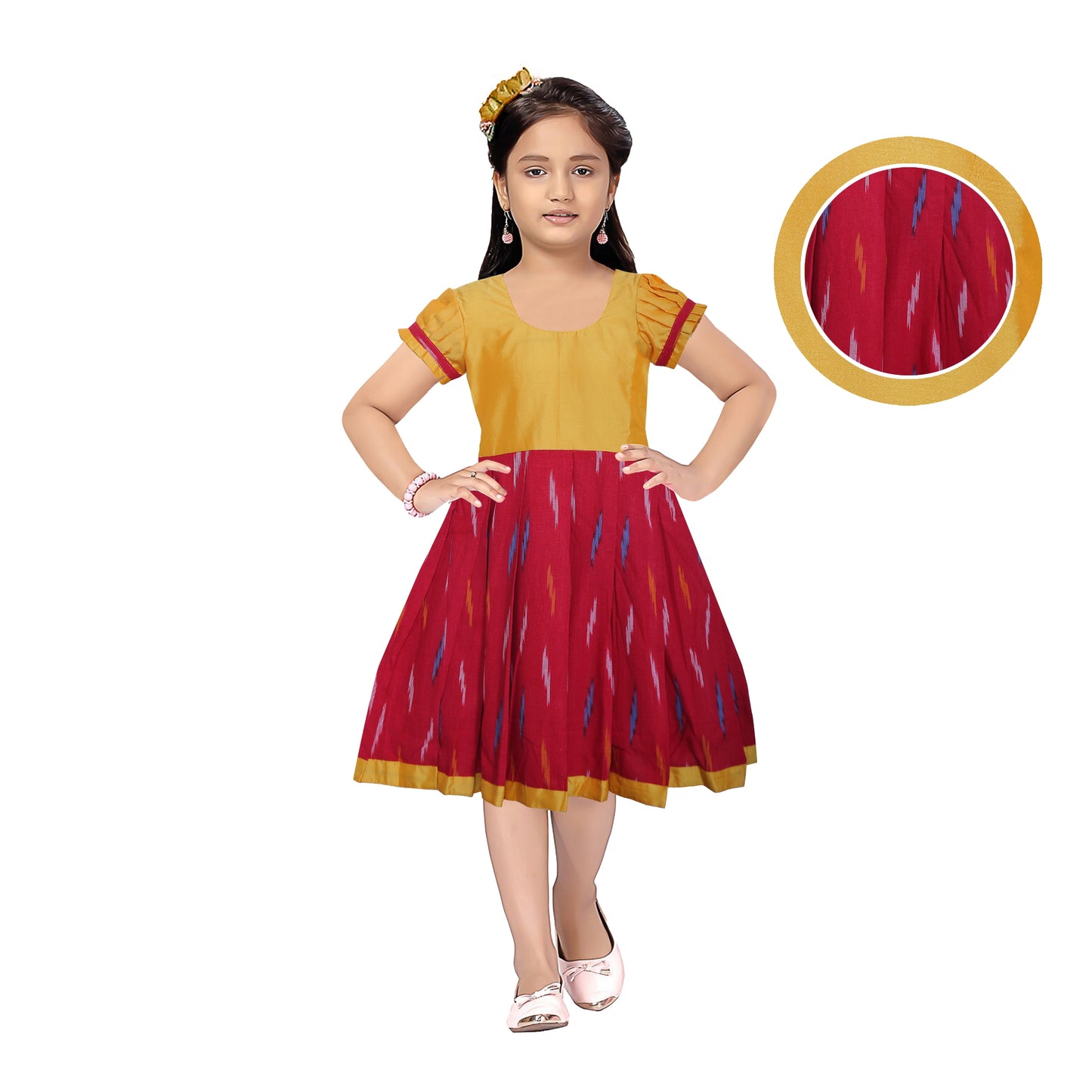 Trendy Yellow with Red ikat frock for babies