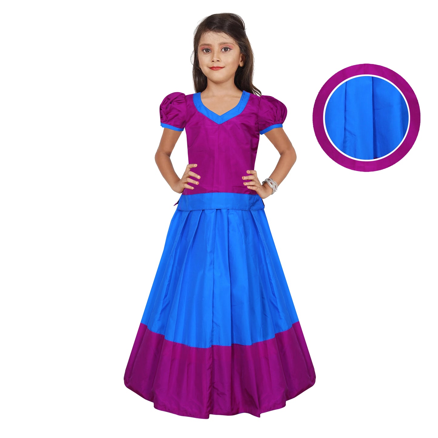 Adorable Deep Pink and Blue Pattu pavadai