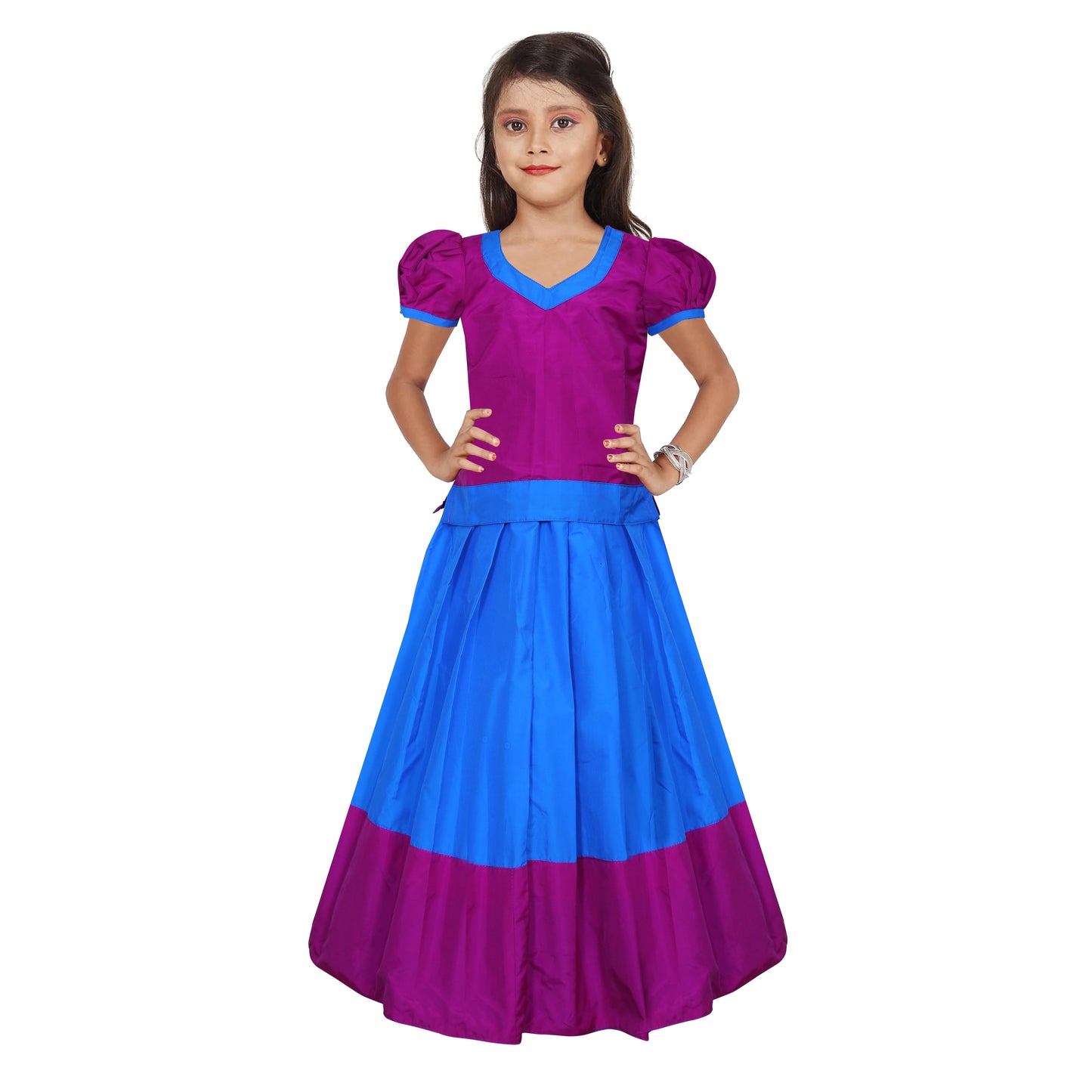 Adorable Deep Pink and Blue Pattu pavadai