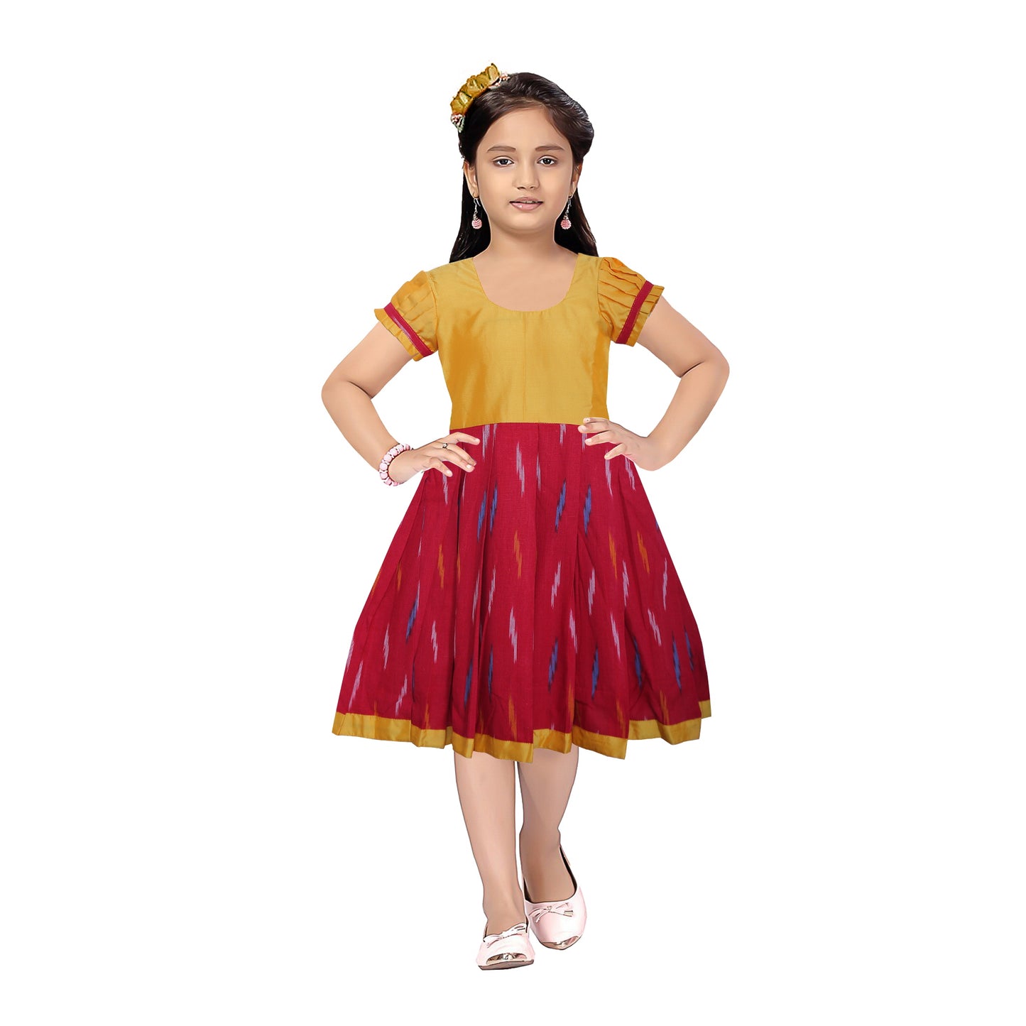 Trendy Yellow with Red ikat frock for babies