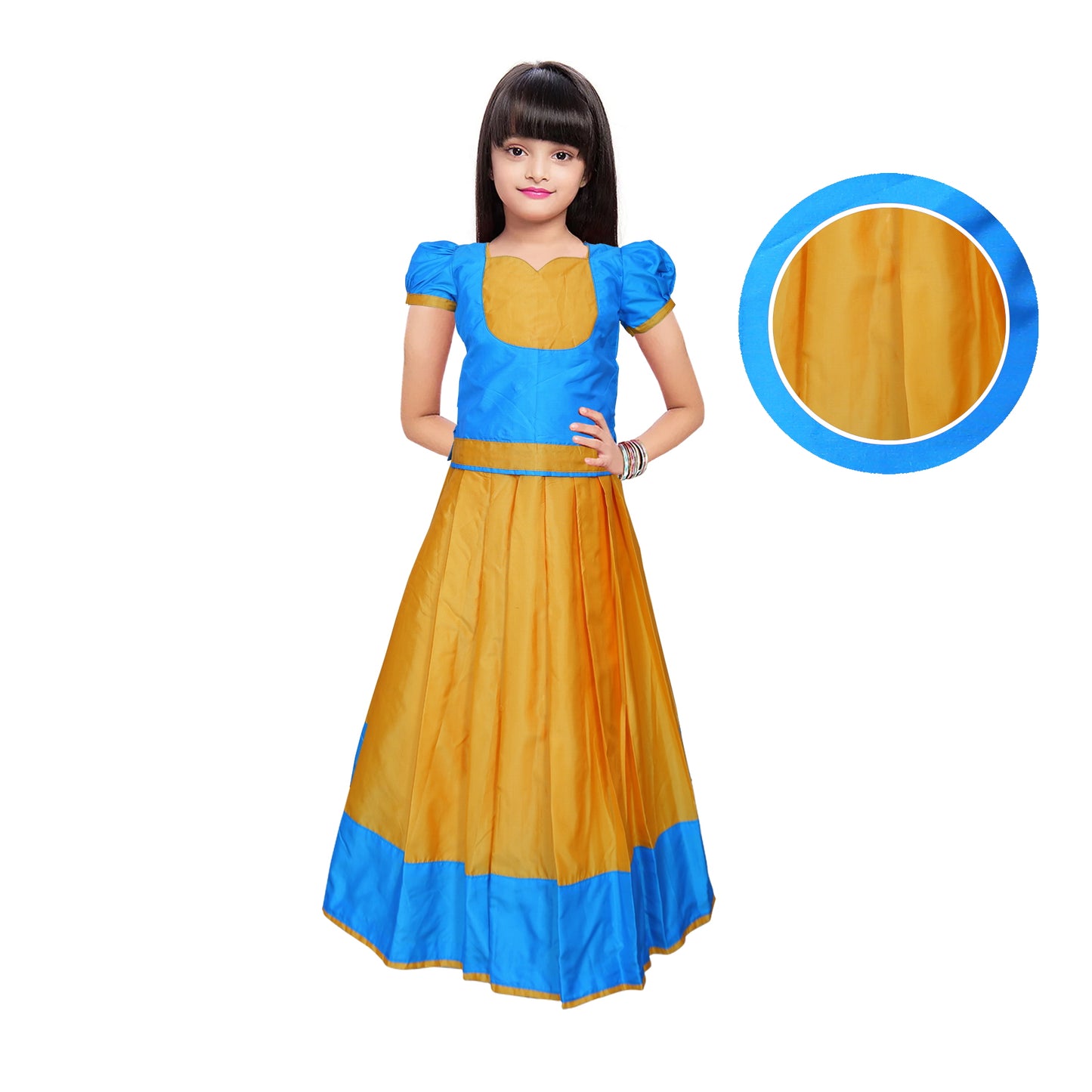 Yellow And Sky Blue Pattu Pavadai for baby girl