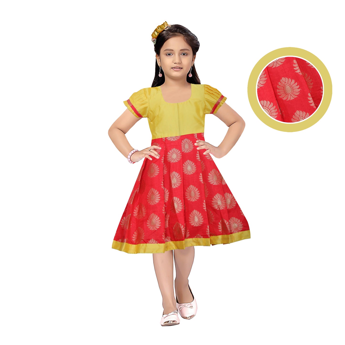 Stylish Yellow with Red Color silk frock for Kids