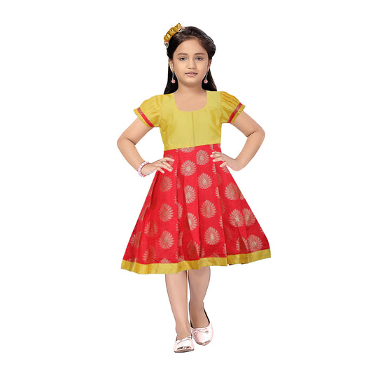 Stylish Yellow with Red Color silk frock for Kids