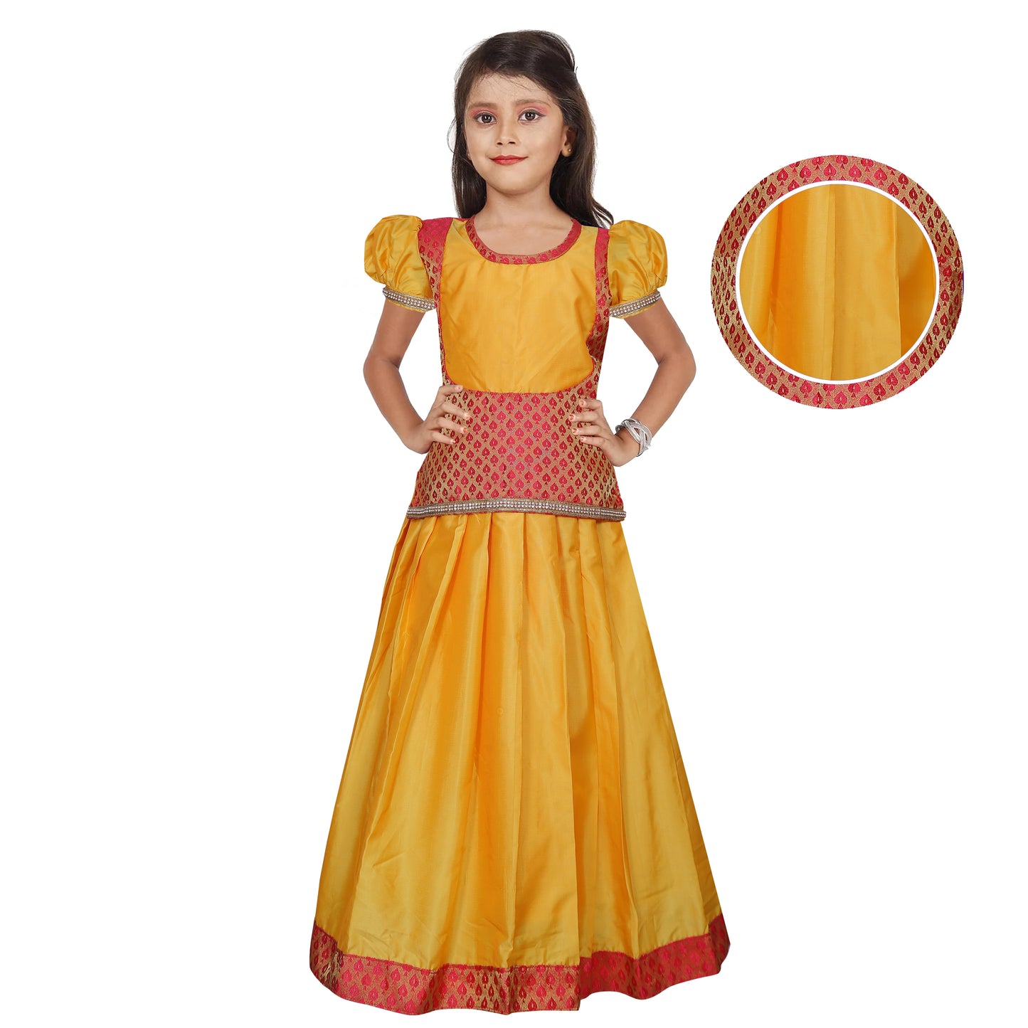 Yellow and Red Pattu Pavadai for kids