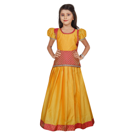 Yellow and Red Pattu Pavadai for kids