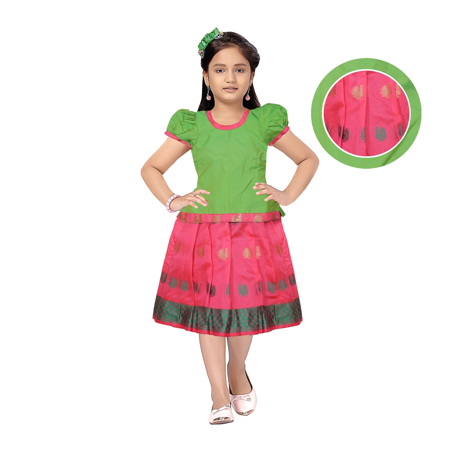 Adorable Green with Pink Pattu Pavadai