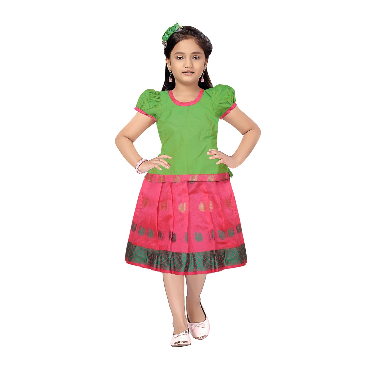 Adorable Green with Pink Pattu Pavadai