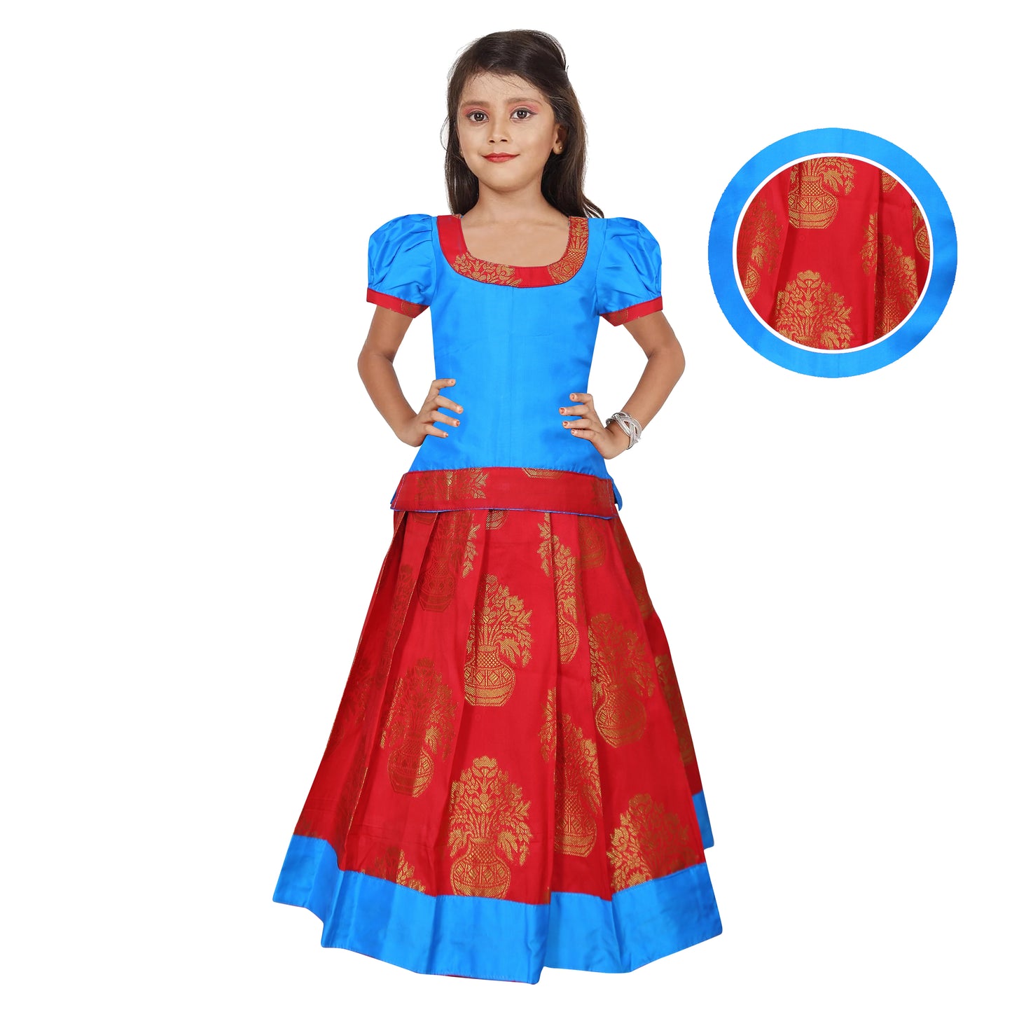 Adorable Red And Sky blue Pattu Pavadai