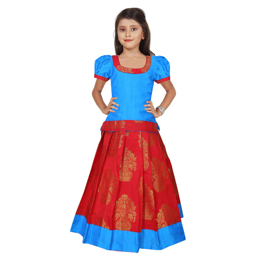 Adorable Red And Sky blue Pattu Pavadai