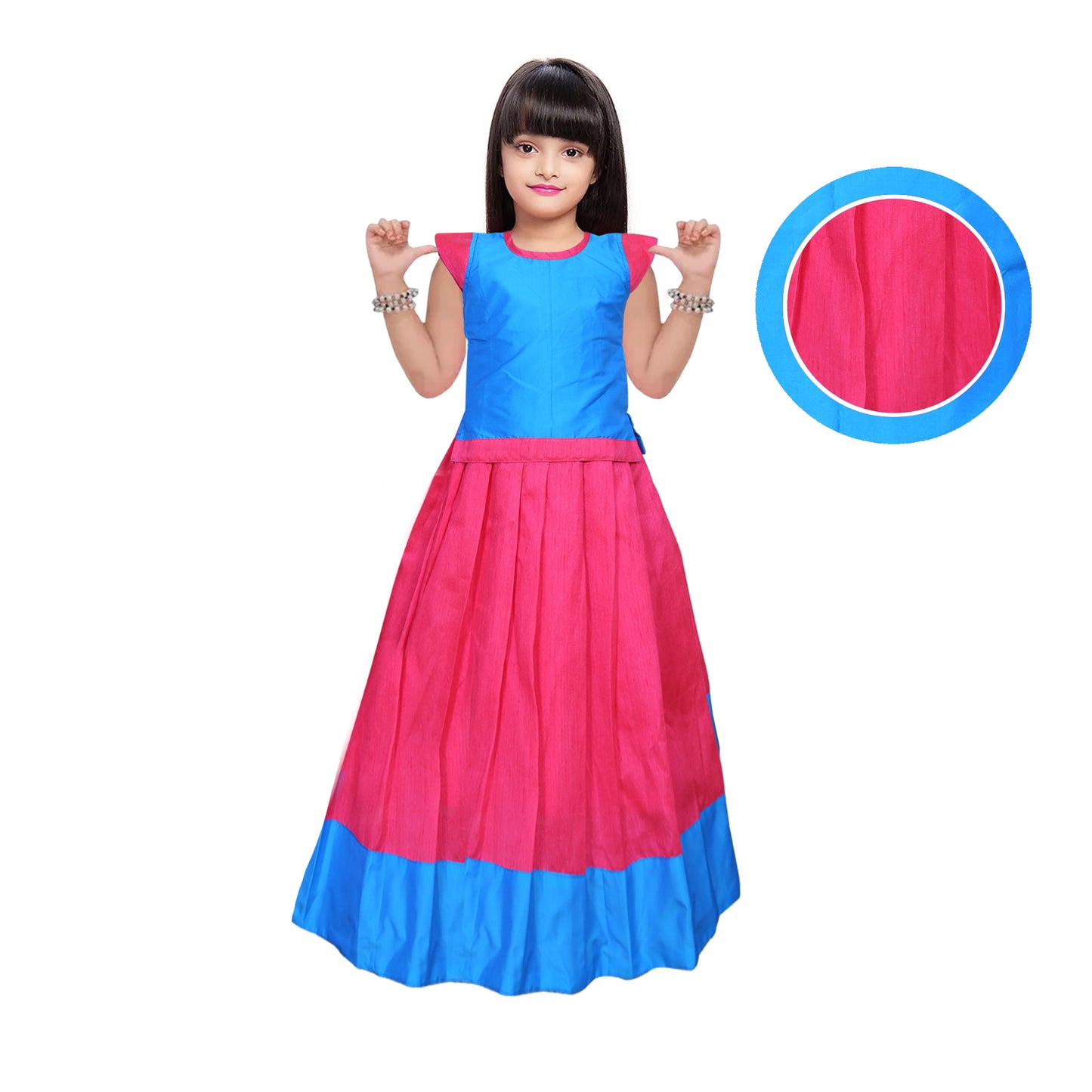 Hot pink and sky blue Pattu Pavadai