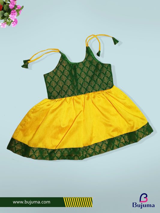 Dark Green with yellow silk frock for baby