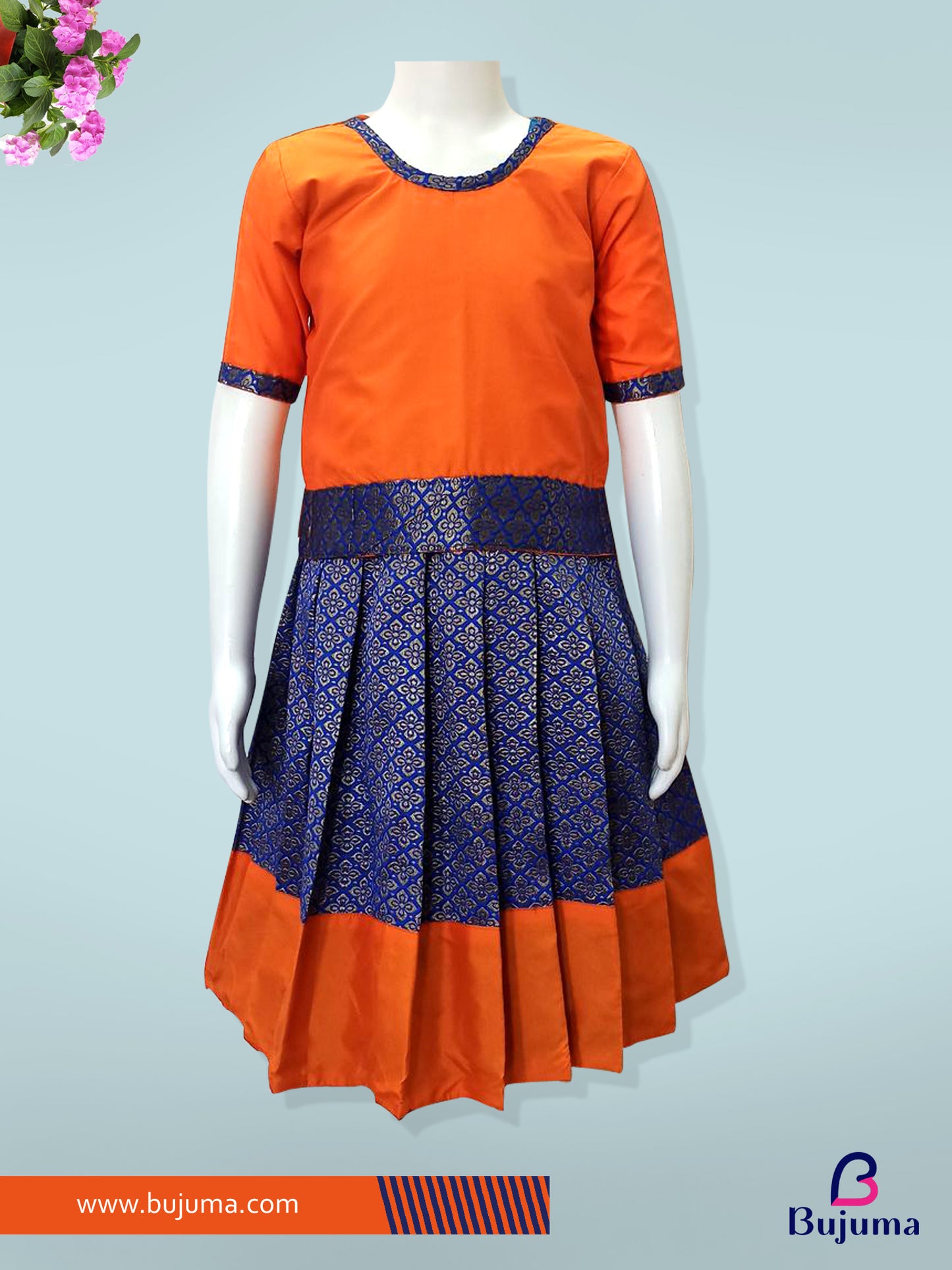 Orange and Blue Pattu pavadai