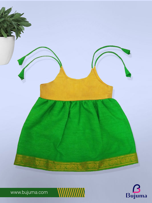 Golden with Green silk frock for baby girl