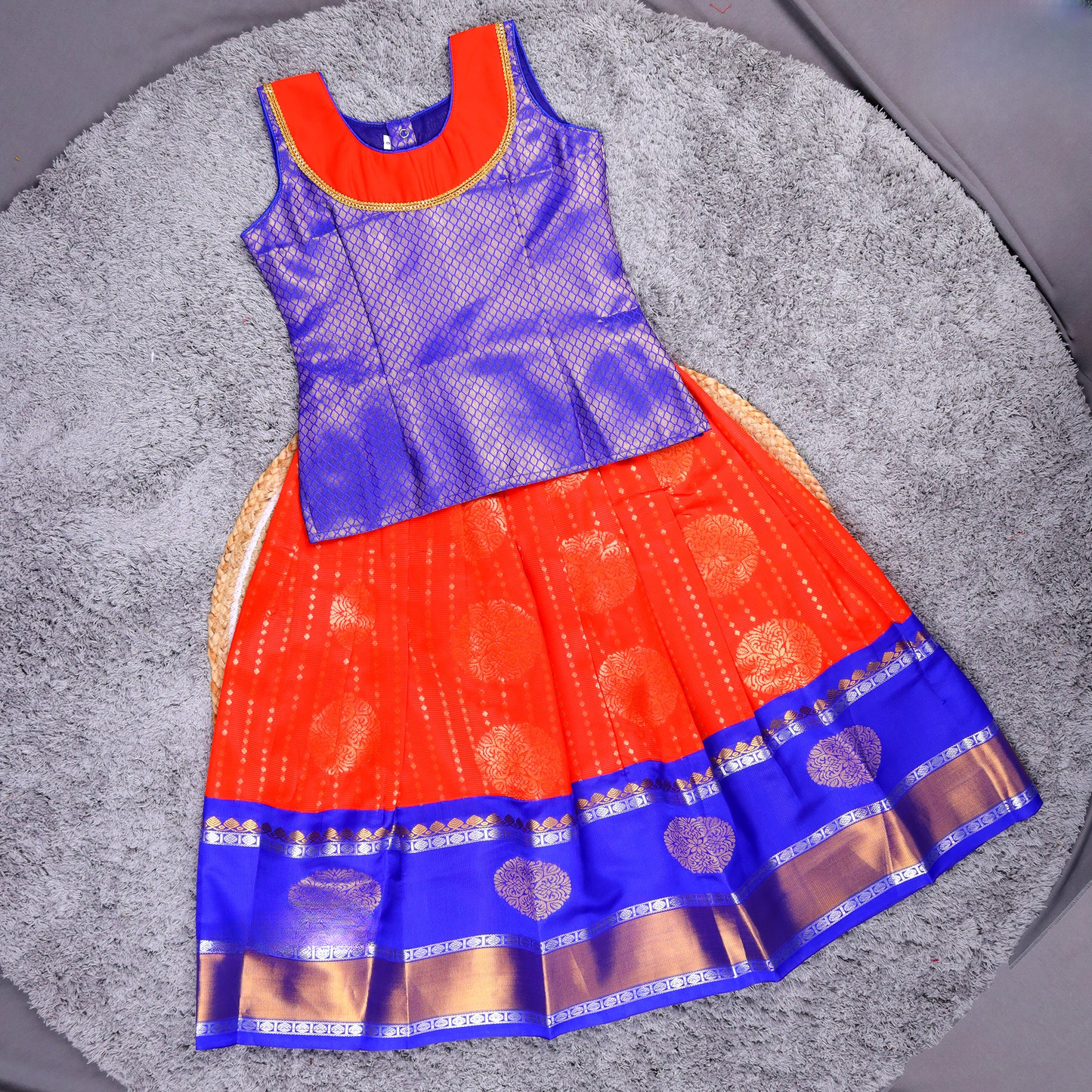 ELEGANT ORANGE WITH BLUE PATTU PAVADAI