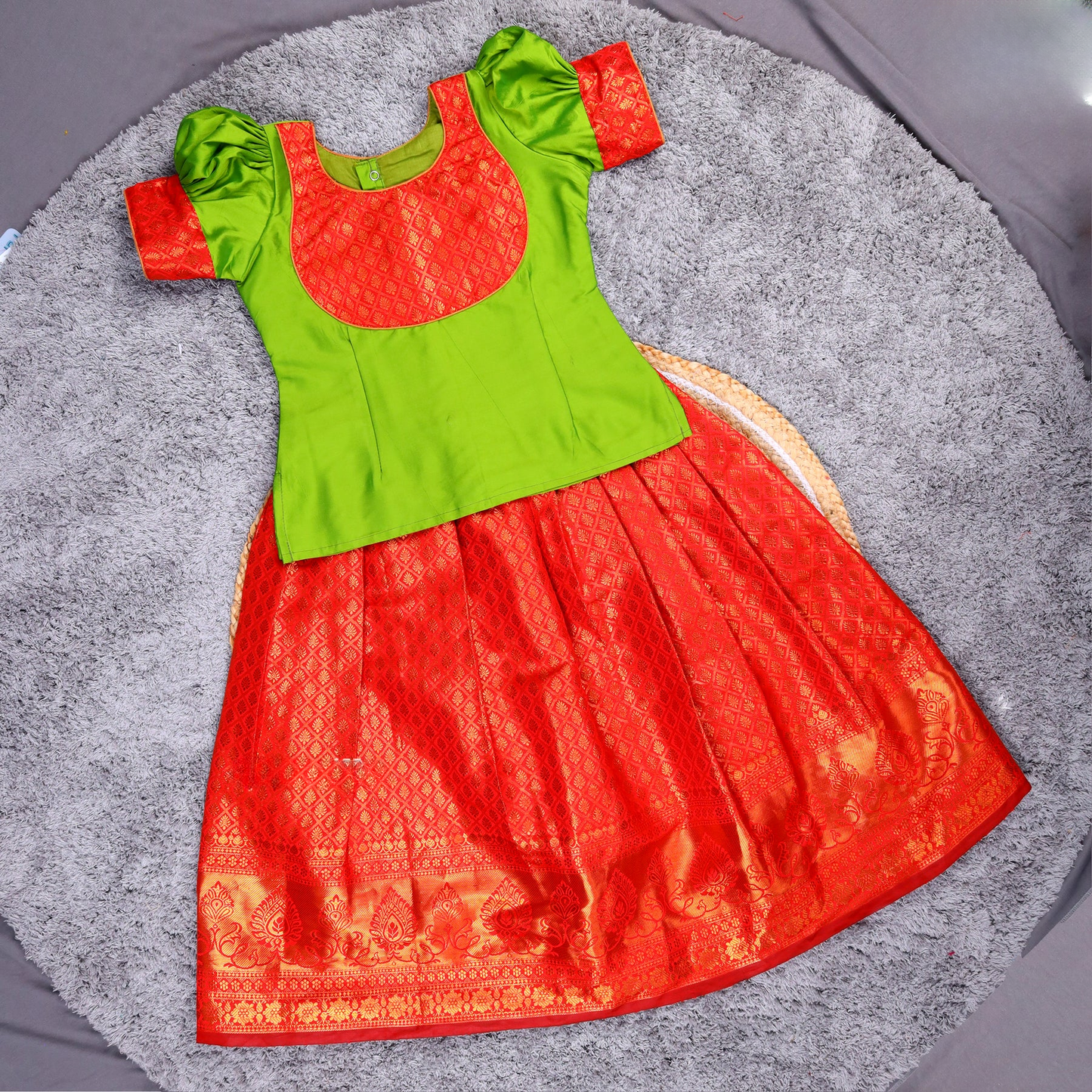 Charming Green with Red Pattu Pavadai