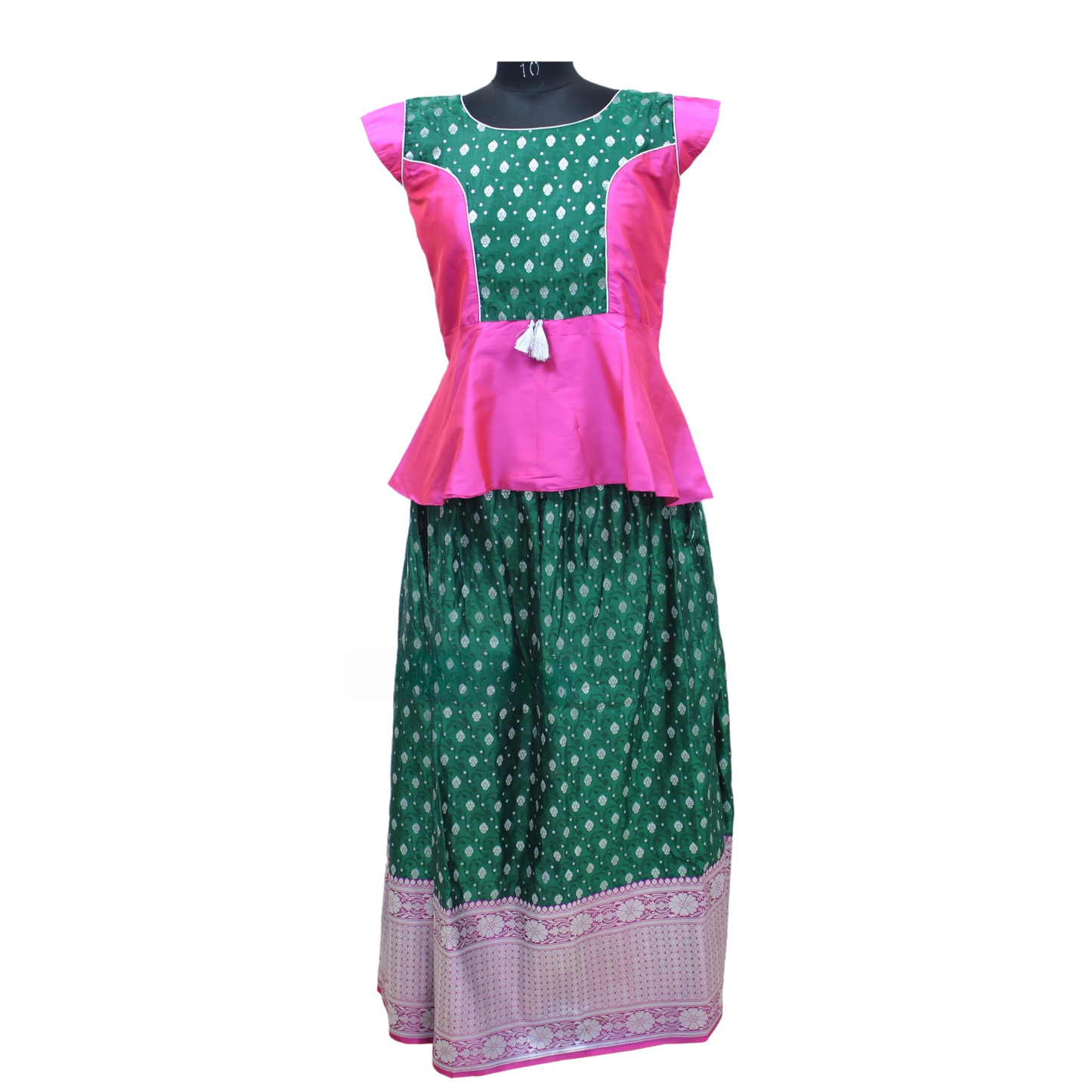 BANARASI PINK AND GREEN PATTU PAVADAI