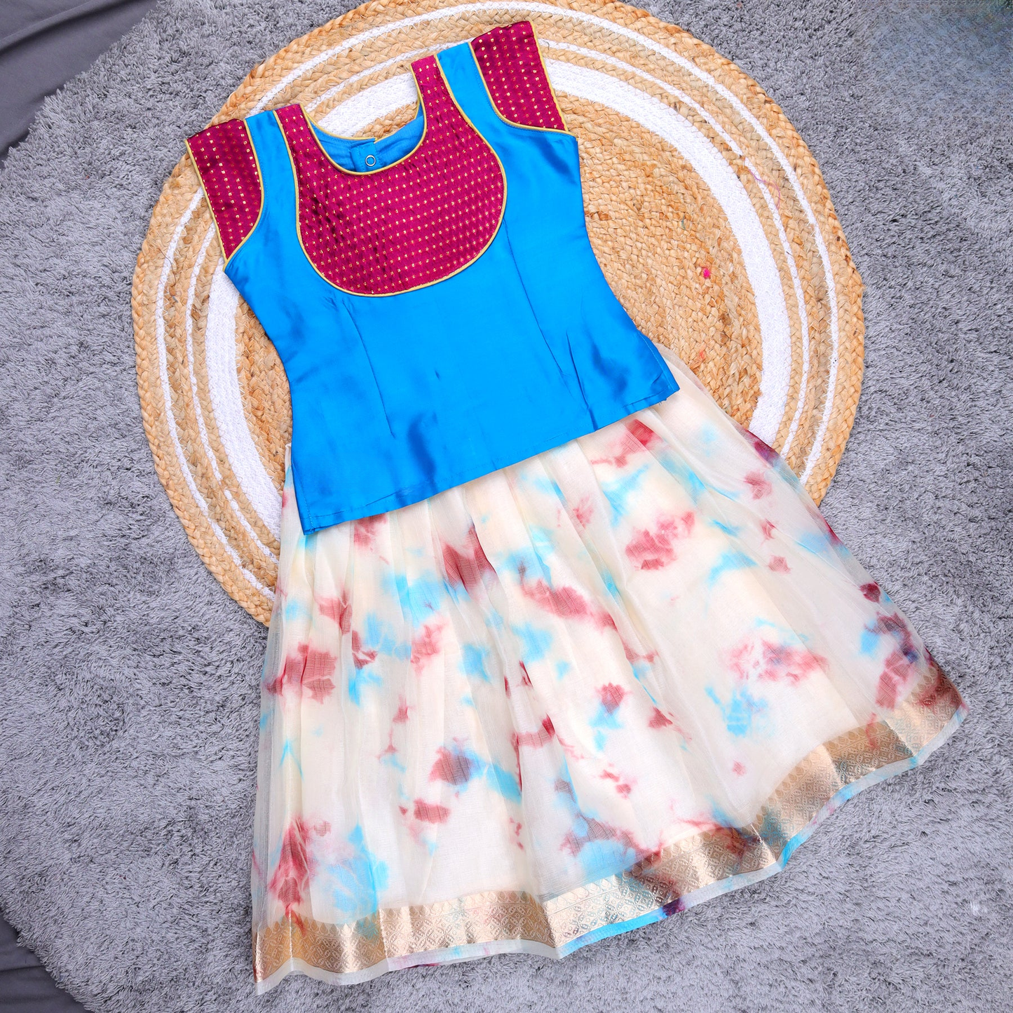 Chic Blue Blouse with Cream Printed Skirt
