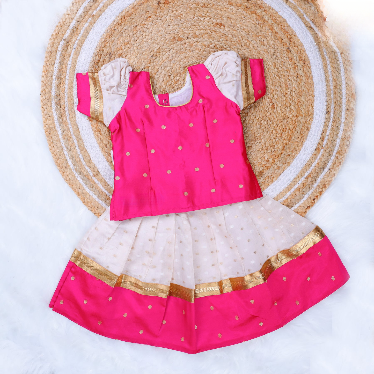 Vibrant Pink with Cream Zari Pattu Pavadai