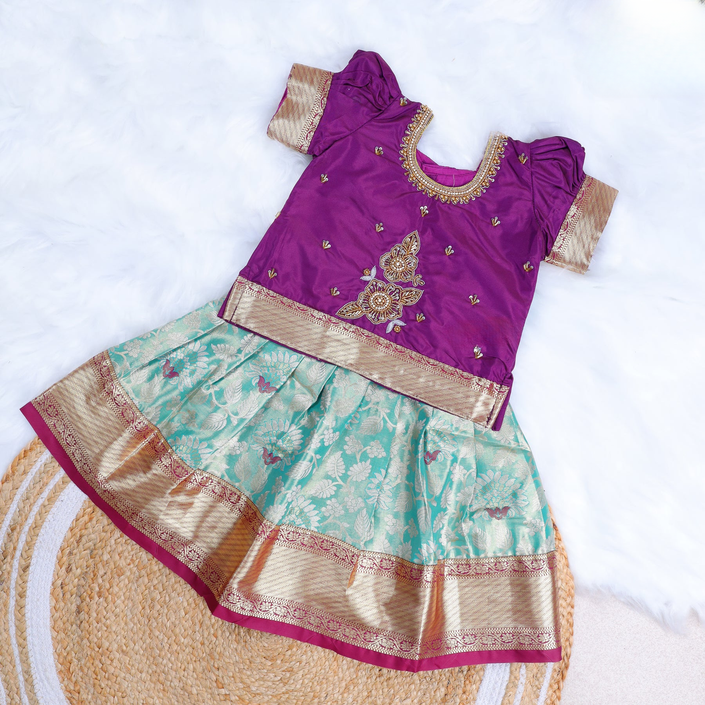 Royal Purple with Mint Green Zari Woven Pattu Pavadai