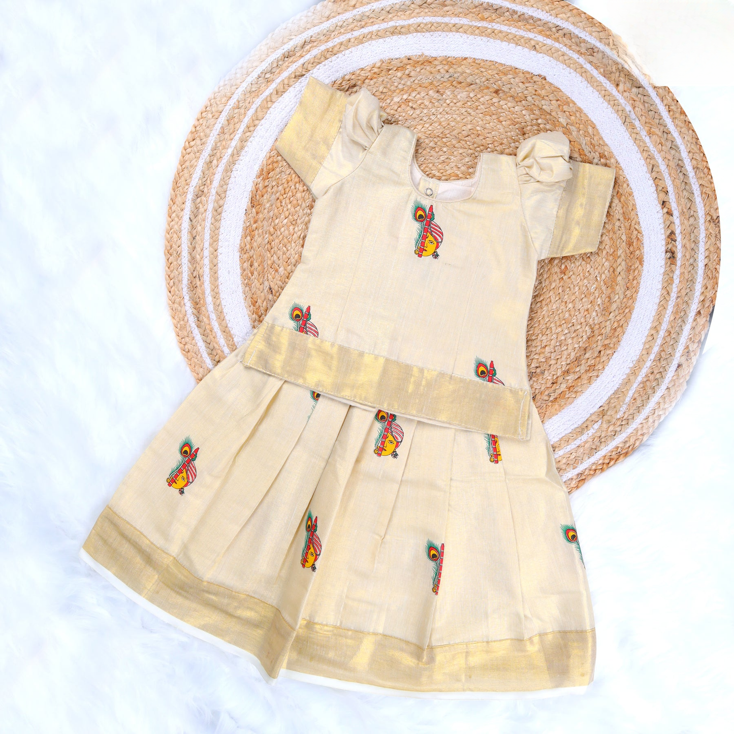 ELEGANT CREAM KRISHNA PRINT PATTU PAVADAI SATTAI