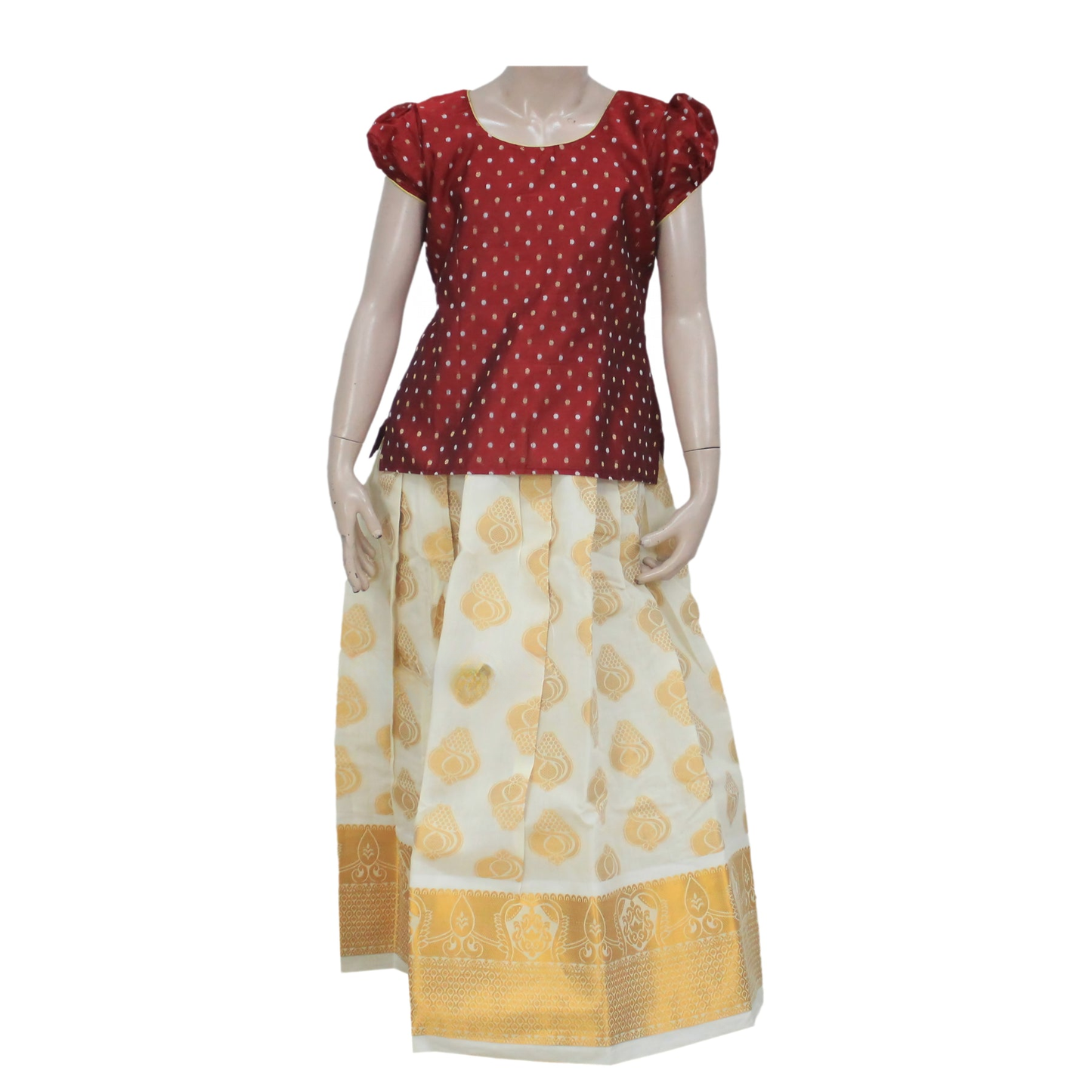 Beautiful Red And White Kerala Pattu Pavadai With Butta Design