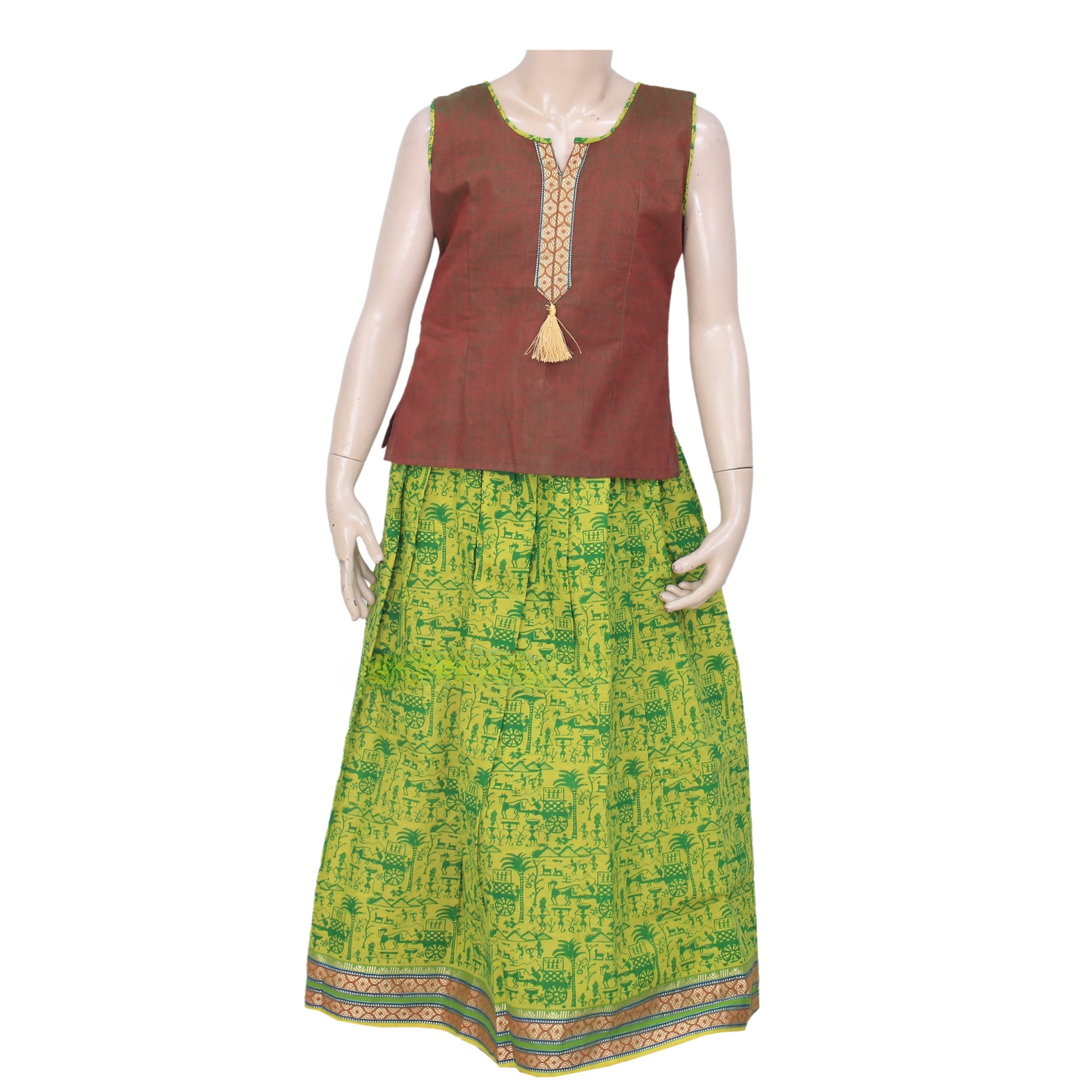 Brown And Green Pure cotton Pattu Pavadai