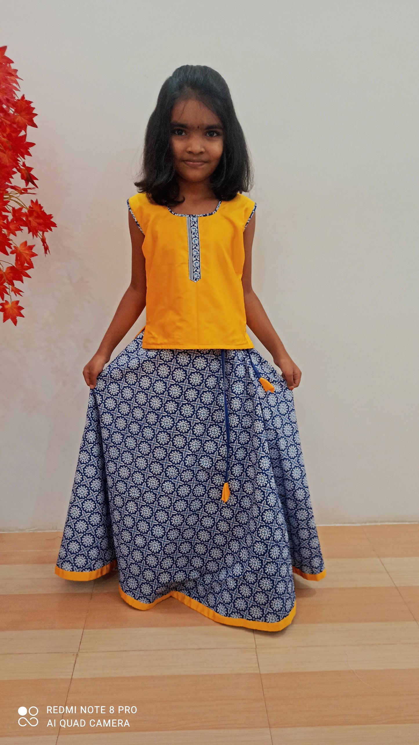Yellow with blue Cotton pavadai for kids