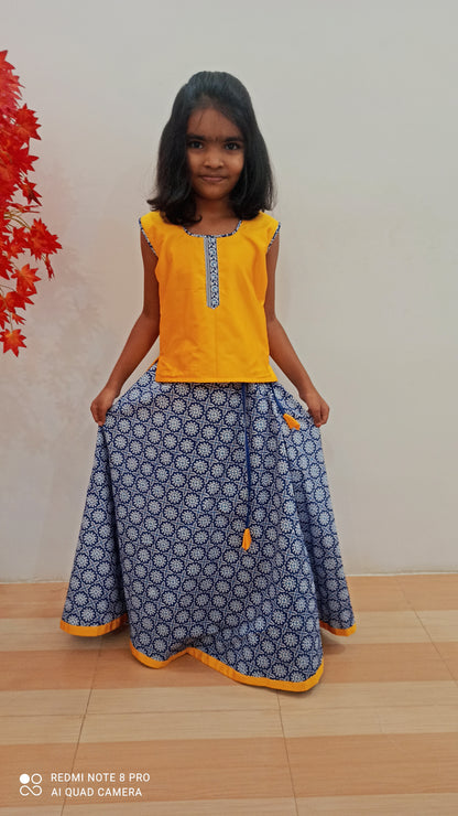 Yellow with blue Cotton pavadai for kids
