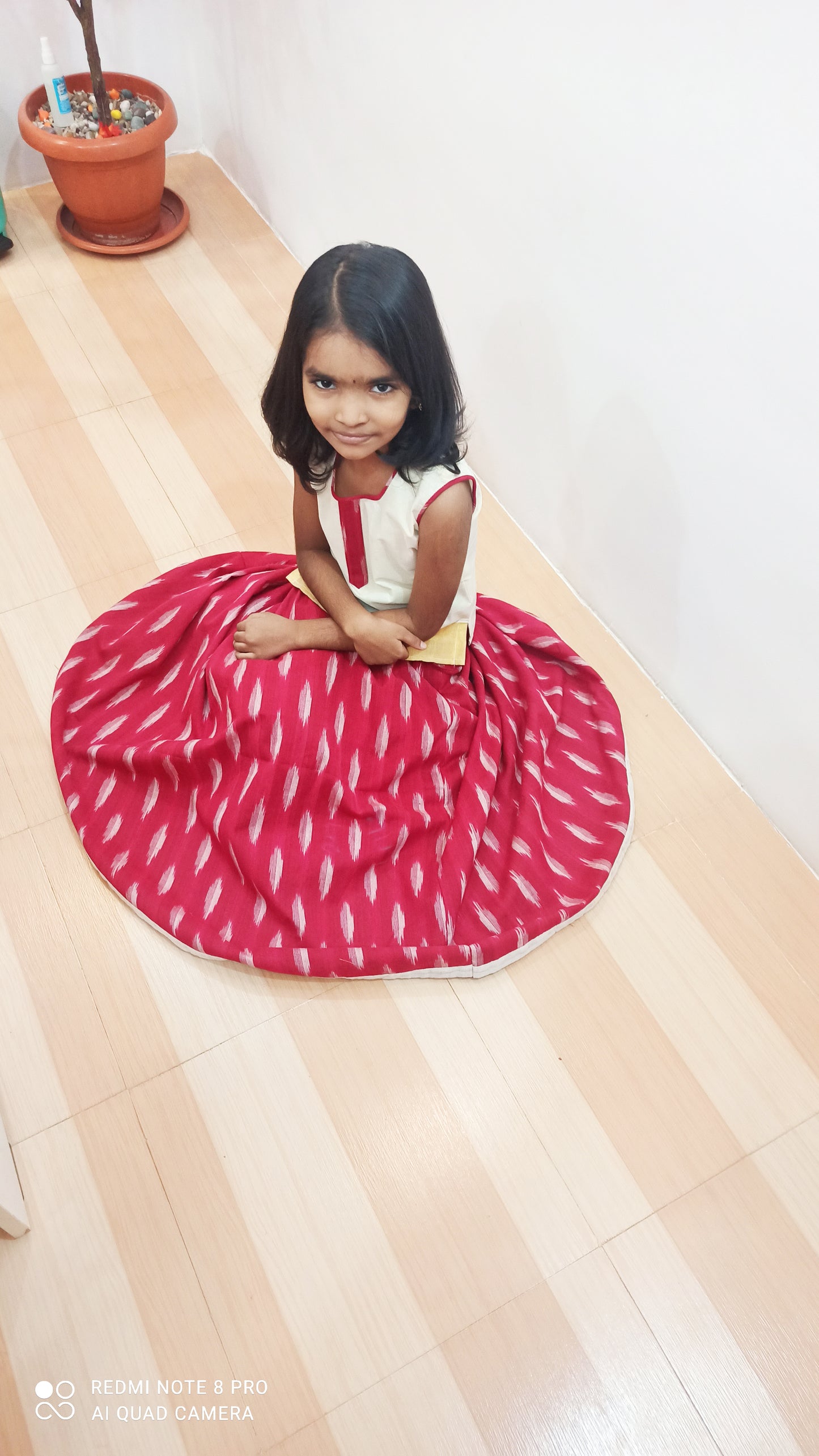 White And Red Ikat Cotton Pavadai for kids