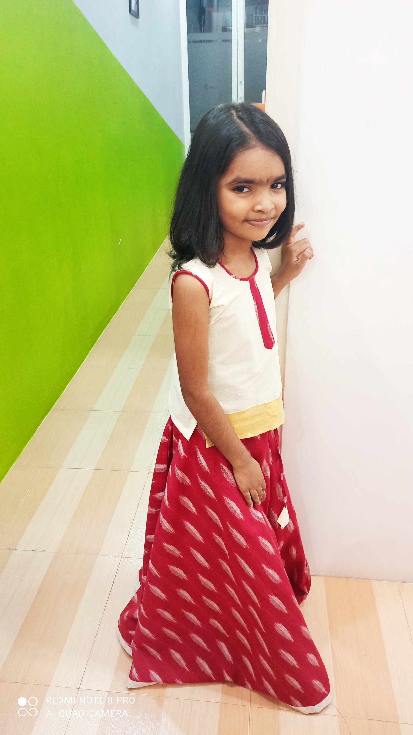 White And Red Ikat Cotton Pavadai for kids