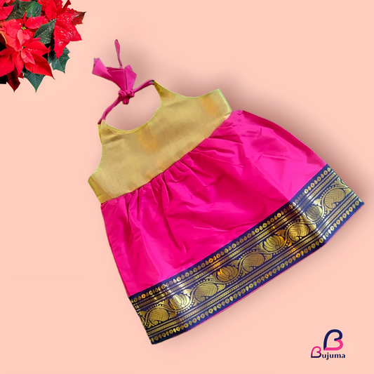 Golden with Hot pink silk frock for baby girl