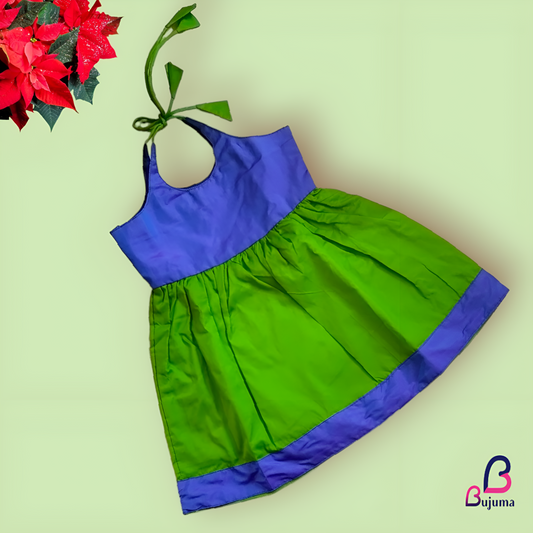 Dark blue with green silk frock for baby girl