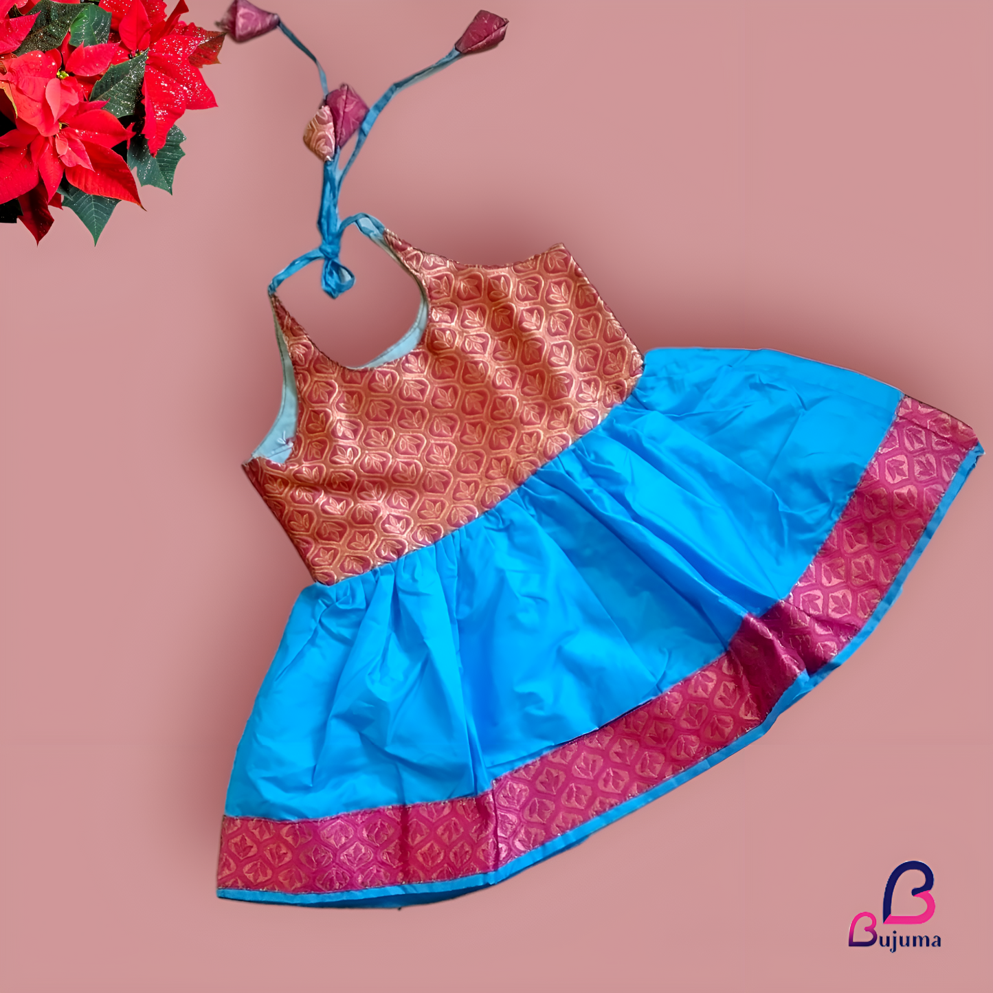 Pink Floral with Blue Silk Frocks for Baby Girl