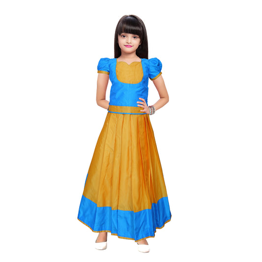 Yellow And Sky Blue Pattu Pavadai for baby girl