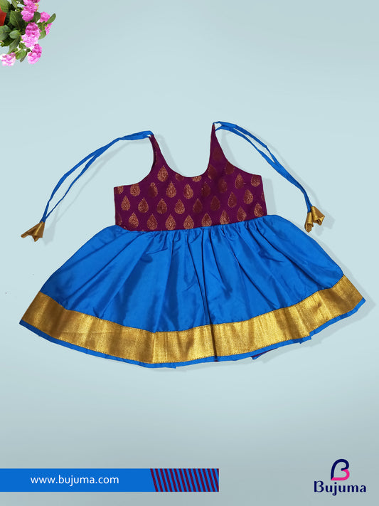 Adorable Barbie pink with dark blue silk frock for baby