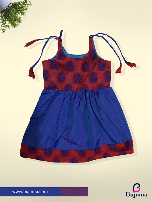 Designer butta Red with dark blue silk frock for baby girl