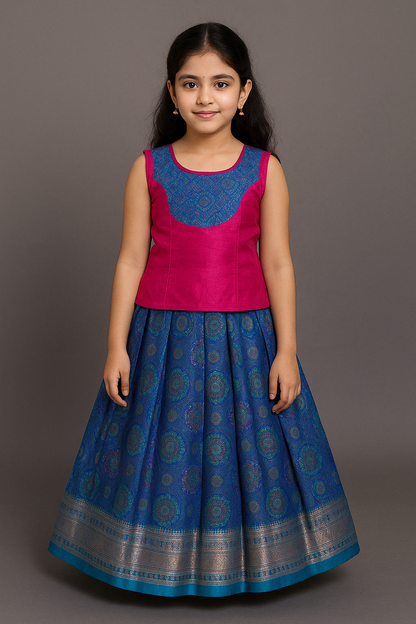 Elegant Pink Blouse & Blue Zari Woven Skirt Pattu Pavadai
