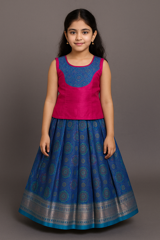 Elegant Pink Blouse & Blue Zari Woven Skirt Pattu Pavadai