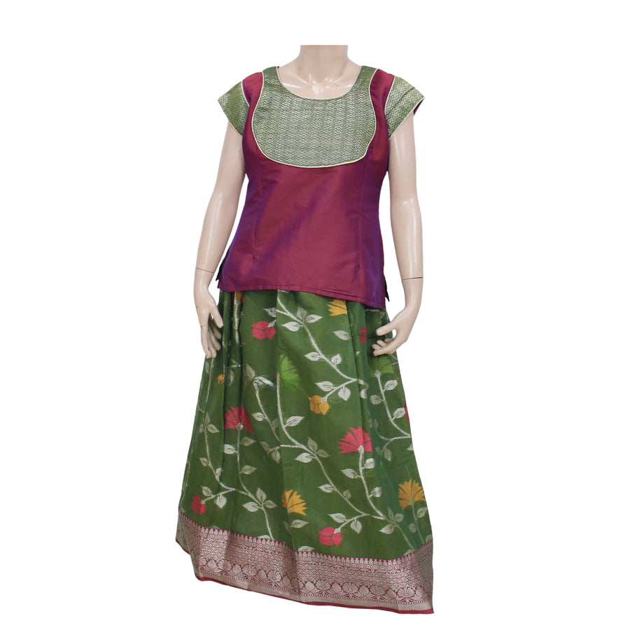 Elegant Purple with Green Designer Pattu Pavadai