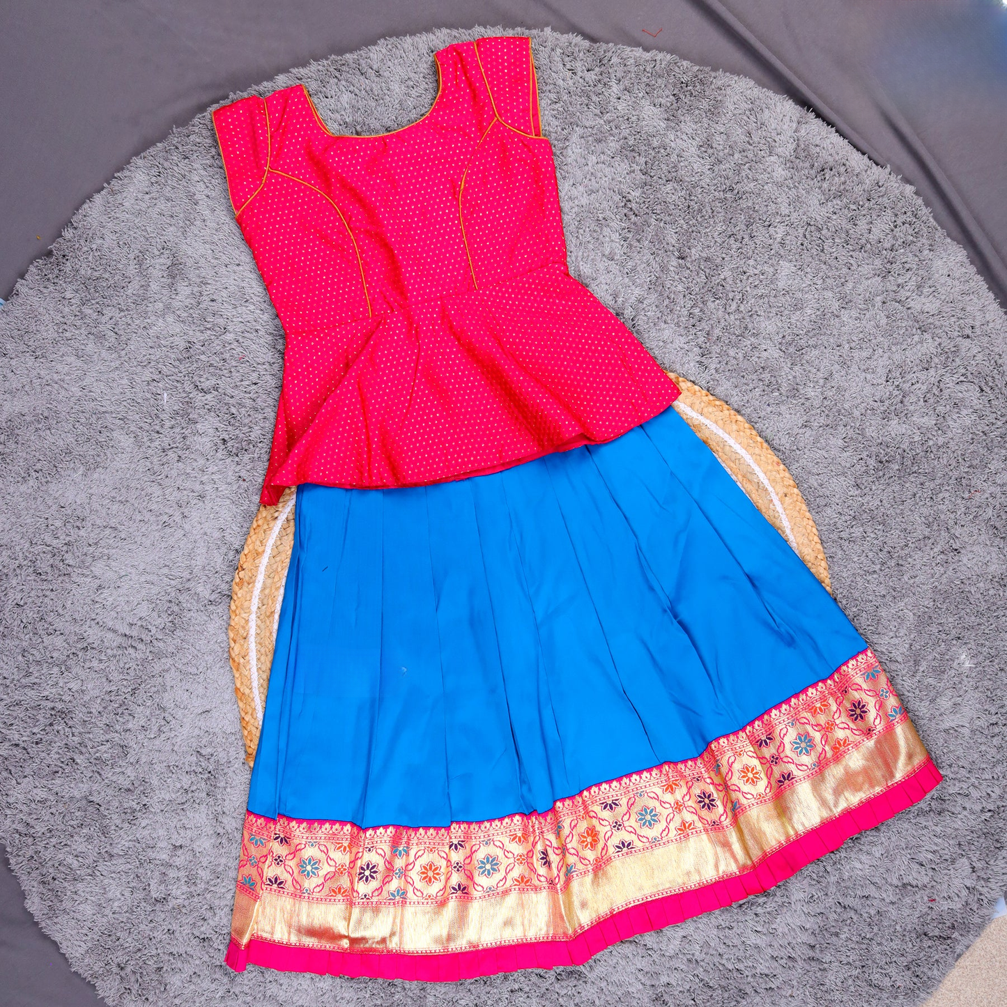 Charming Pink Top with Blue Pattu Pavadai