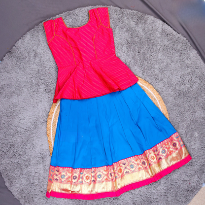 Charming Pink Top with Blue Pattu Pavadai