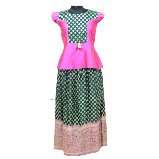 Beautiful Green And Pink Pattu  Pavadai