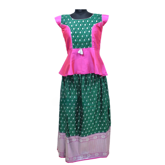 BANARASI PINK AND GREEN PATTU PAVADAI