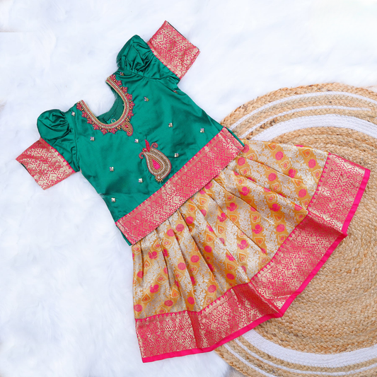 Emerald Green Puff Sleeve with Gold Pink Pattu Pavadai