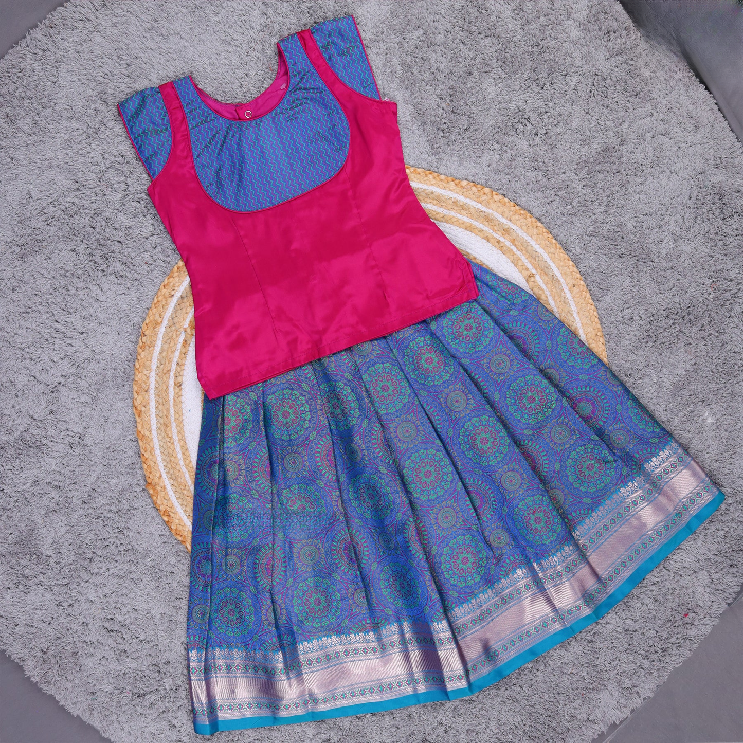 Elegant Pink Blouse & Blue Zari Woven Skirt Pattu Pavadai