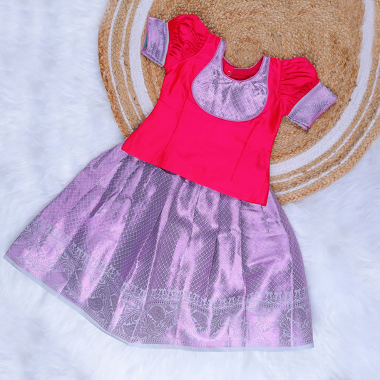 Traditional Pink-Grey Silk Pattu Pavadai
